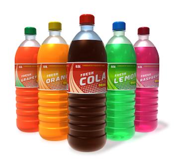 Bottles of different soft drinks.